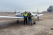 Kevin Arblaster (right) is congratulated by XLR’s Will Mott, at Birmingham Airport in his Pipe